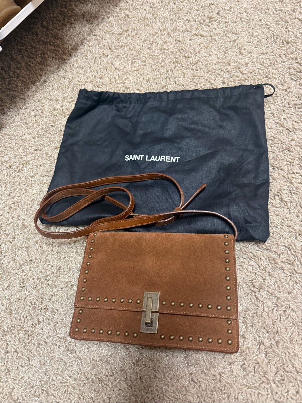 Saint Laurent Brown Suede Studded Crossbody Bag with Brass Hardware